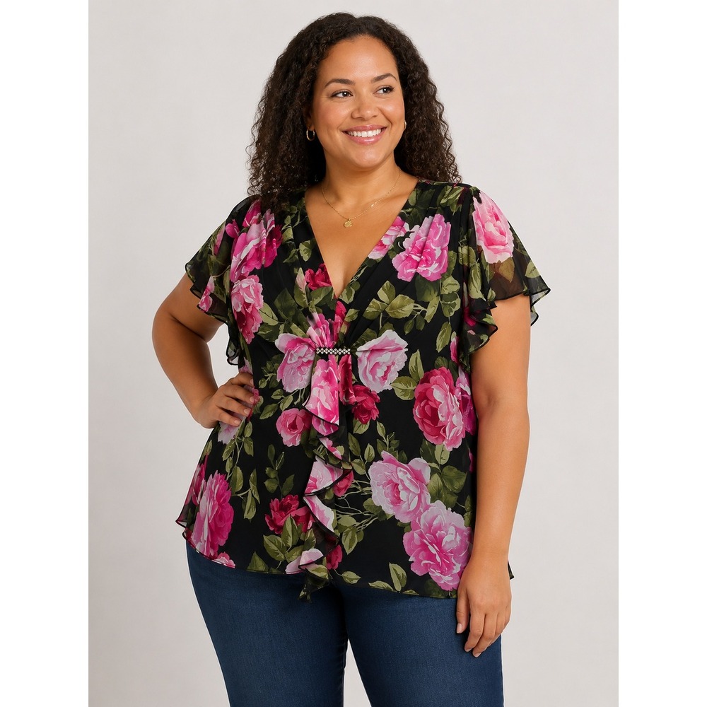 Studio 1940 Top Womens Plus 22W Black Pink Floral Ruffle Rhinestone